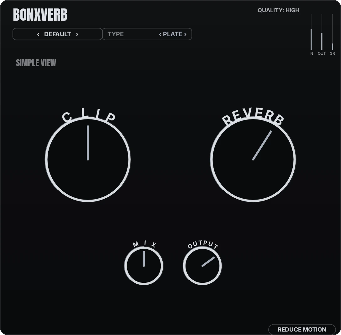 BonxVerb in its simple view: two macro knobs, Clip and Reverb